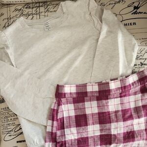 White Long Sleeve Top and Pink Plaid Skirt Set